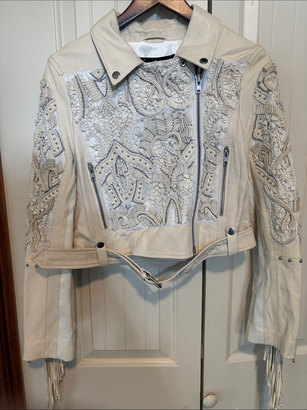 Wonderwest medium Women's Embroidered Fringe Leather Jacket - Ivory